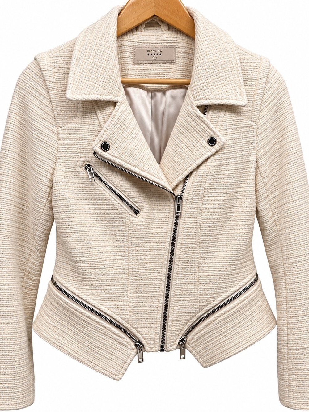 Blank NYC Cream Textured Moto Jacket with Silver Zippers